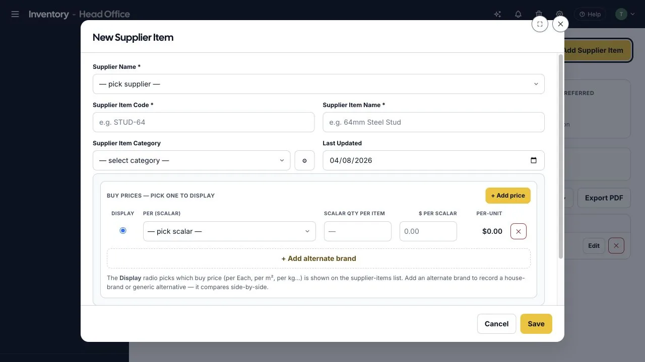 SubbieTRAC new supplier item form showing supplier, item code, item name, category, updated date, scalar buy prices, per-unit cost and alternate-brand controls