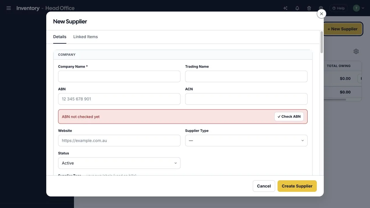SubbieTRAC new supplier record showing company name, trading name, ABN and ACN checks, website, supplier type, status and linked-items tab