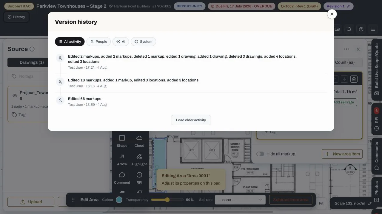 SubbieTRAC Takeoff version history showing recorded drawing, markup and location changes