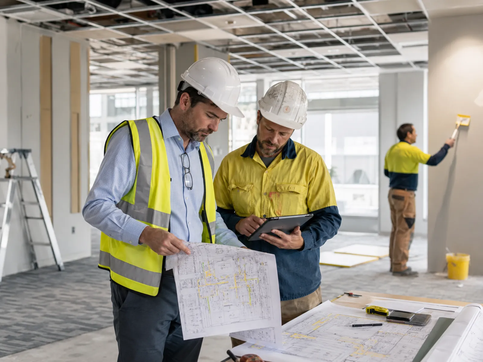 Commercial subcontractor team reviewing project drawings