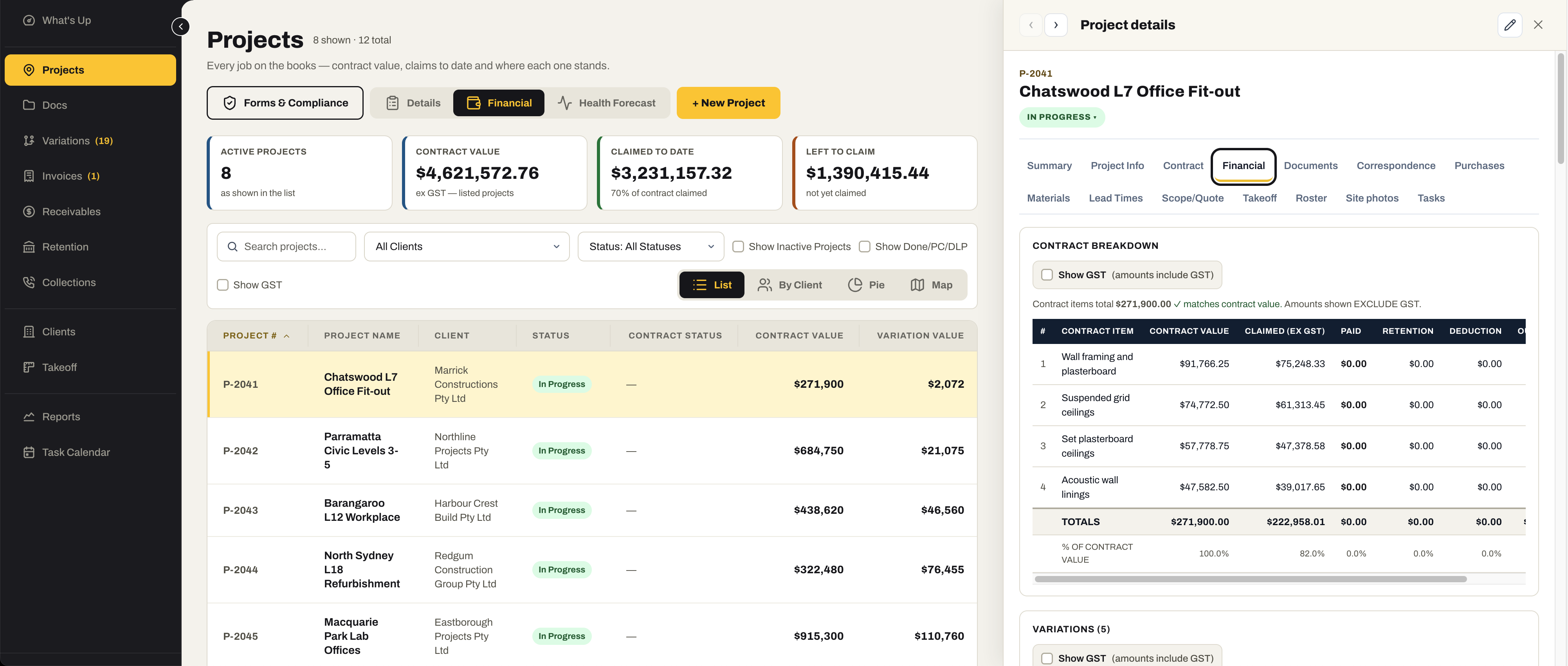 The Projects register in its Financial view with the Project details drawer open on one job: its tabs from Summary to Tasks, and a contract breakdown of each contract item’s value, claimed, paid, retention and deduction.