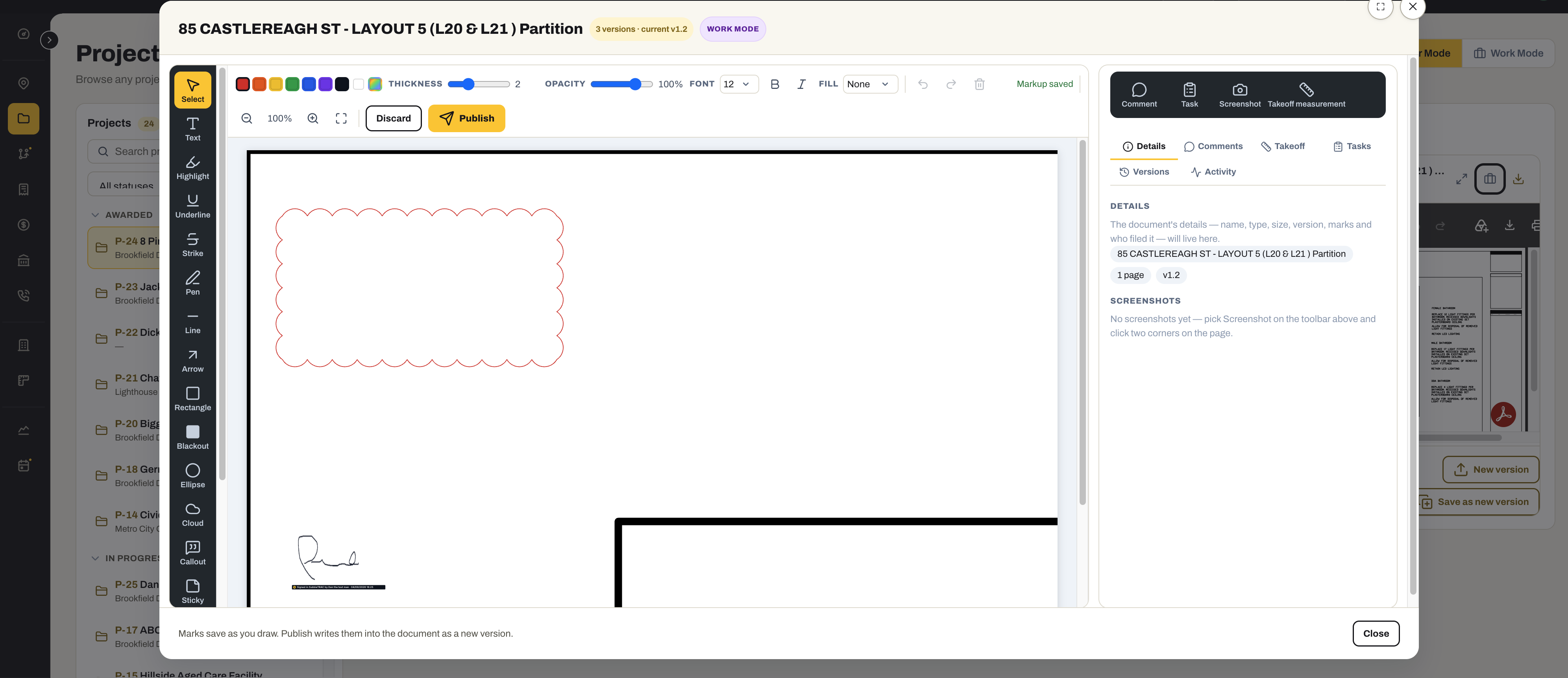 A partition layout drawing open in Work Mode, three versions in: a red cloud around a detail, a signature drawn with the pen tool in the corner, the markup toolbar down the left, and the Details, Comments, Takeoff, Tasks, Versions and Activity tabs on the right — “Marks save as you draw. Publish writes them into the document as a new version.”