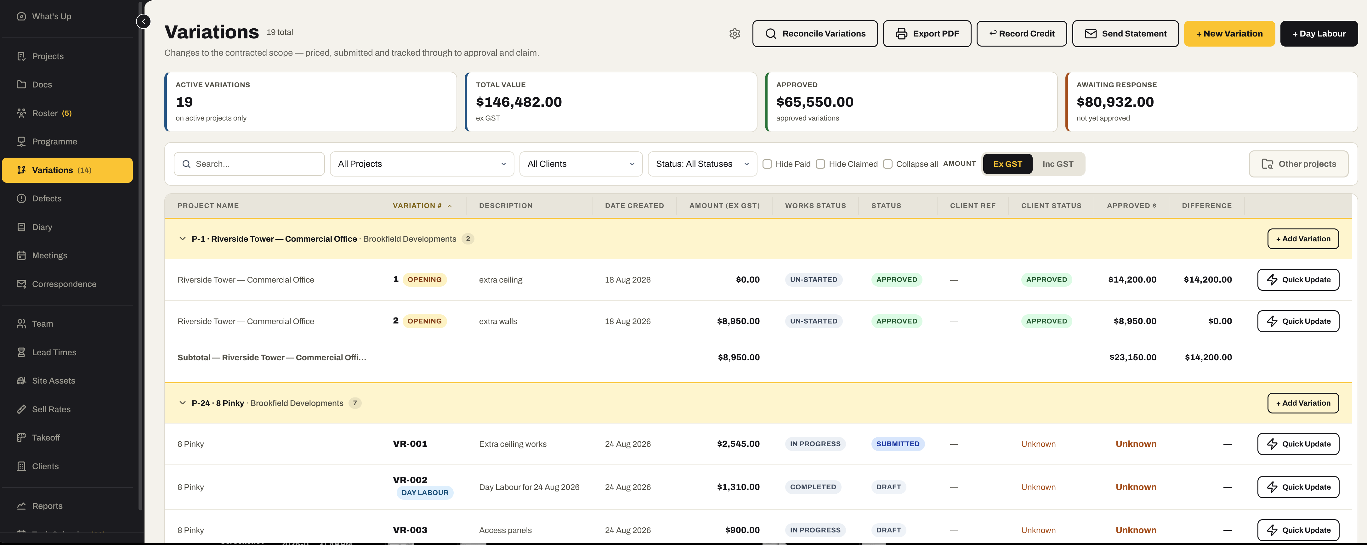 The Variations register grouped by project: active variations, total value, approved and awaiting response above; each variation with its number — opening balances and day-labour sheets marked — description, date, amount, works status, status, client status, approved value and the difference, with Quick Update and Add Variation on every row and group.