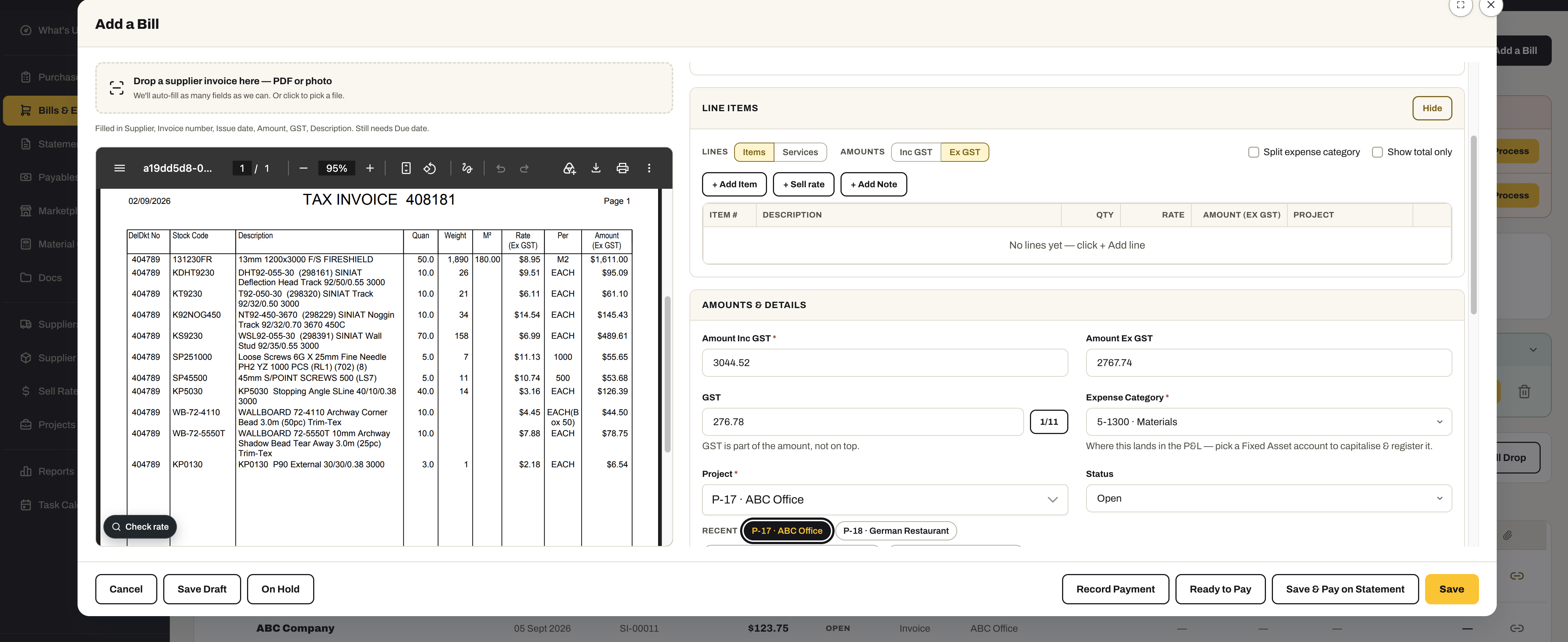 The Add a Bill form with a supplier’s tax invoice open on the left and the bill on the right: the amount, GST, expense category, project and status already filled from the invoice, line items ready to add, recent projects as chips, and Save, Ready to Pay and Save & Pay on Statement actions.