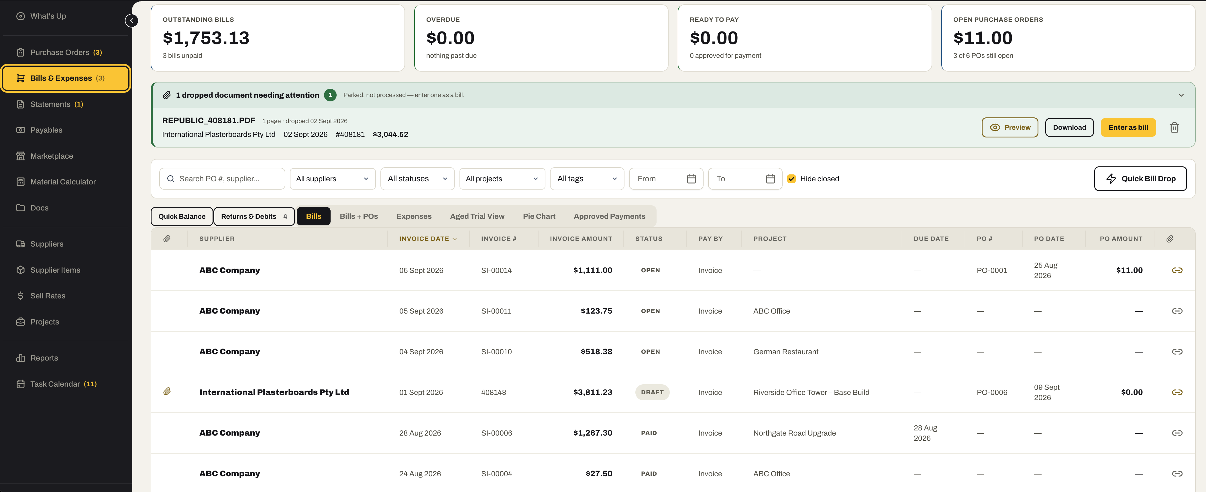 The Bills & Expenses register: outstanding bills, overdue, ready to pay and open purchase orders, a dropped supplier invoice parked at the top waiting to be entered, and each bill with its supplier, amount, status, project, due date and purchase order.