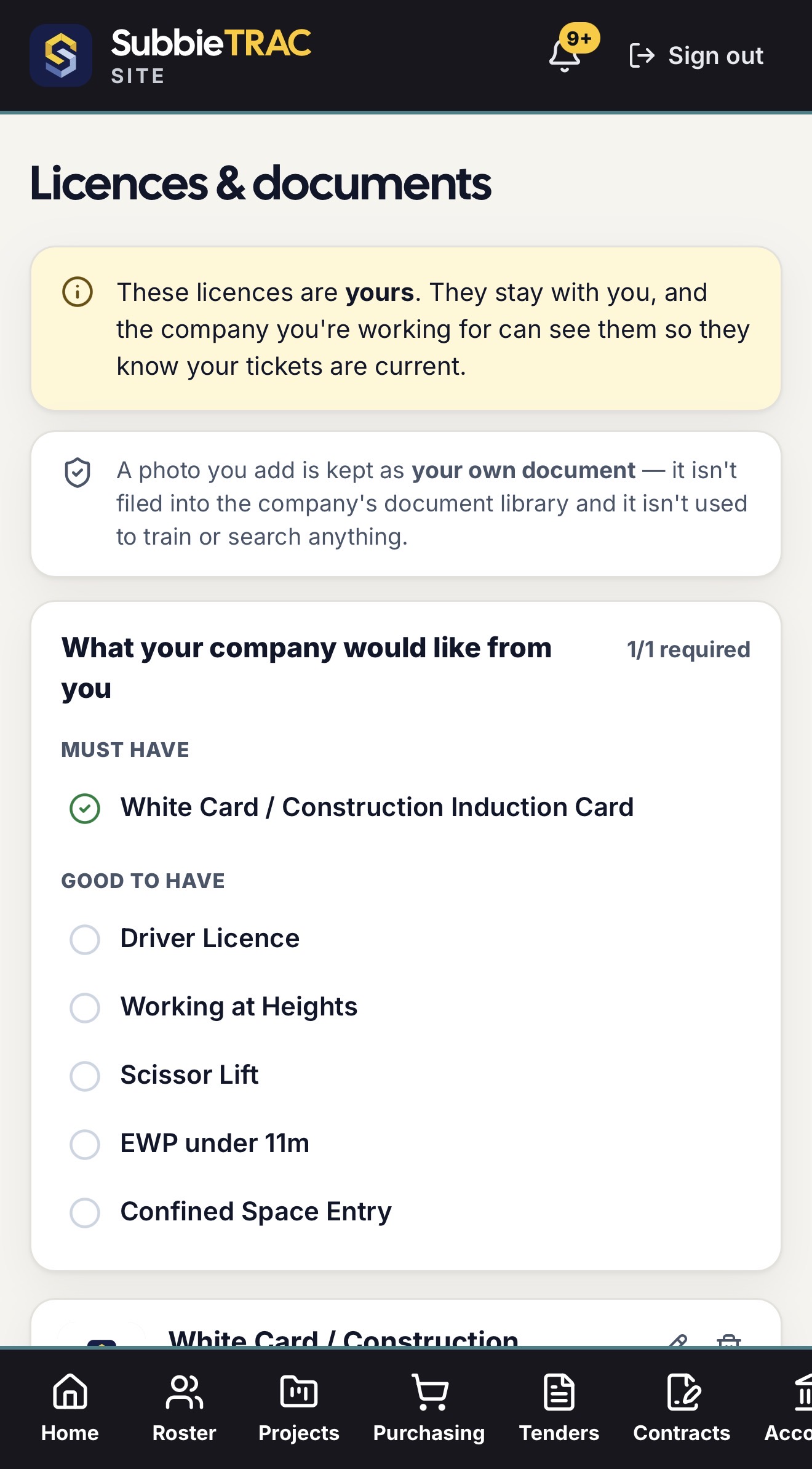 Licences & documents on a phone: the licences are the worker’s own and the company can see they are current; what the company would like — a must-have White Card and good-to-have tickets.